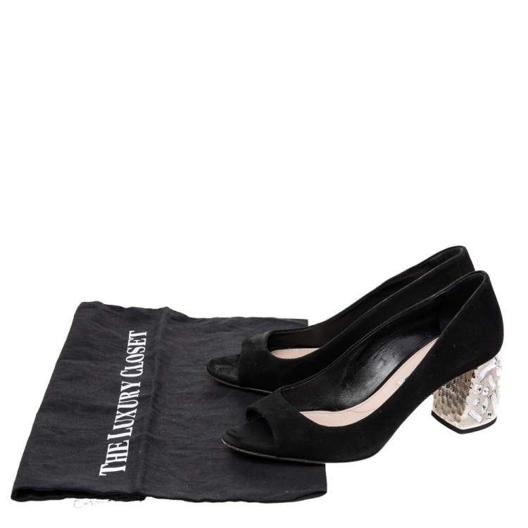 Pre Owned Miu Miu Black Suede Crystal Embellished Heel Peep Toe Pumps Size 36