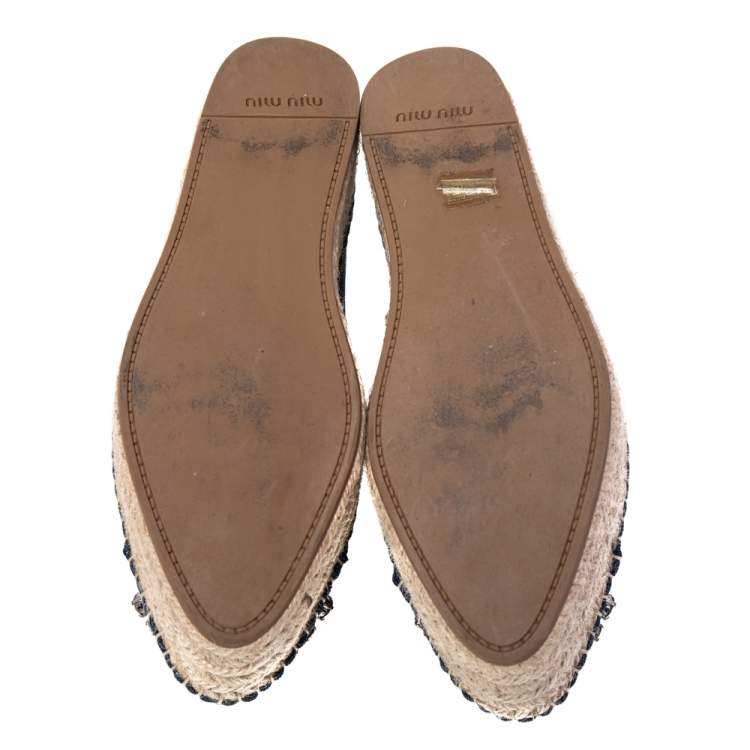 Pre Owned Miu Miu Blue Denim Crystal Embellished Platform Espadrilles Size 37