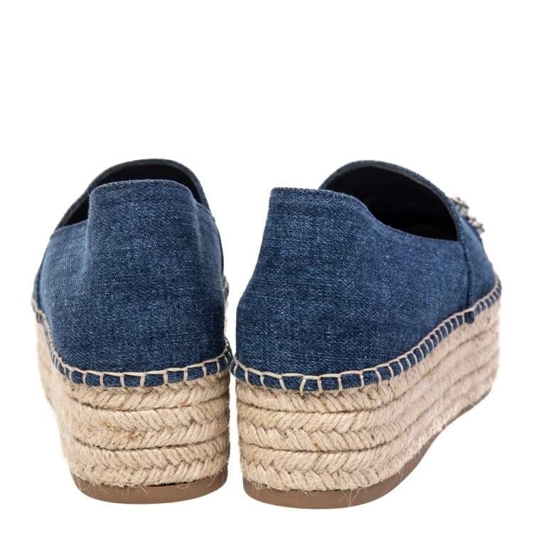 Pre Owned Miu Miu Blue Denim Crystal Embellished Platform Espadrilles Size 37