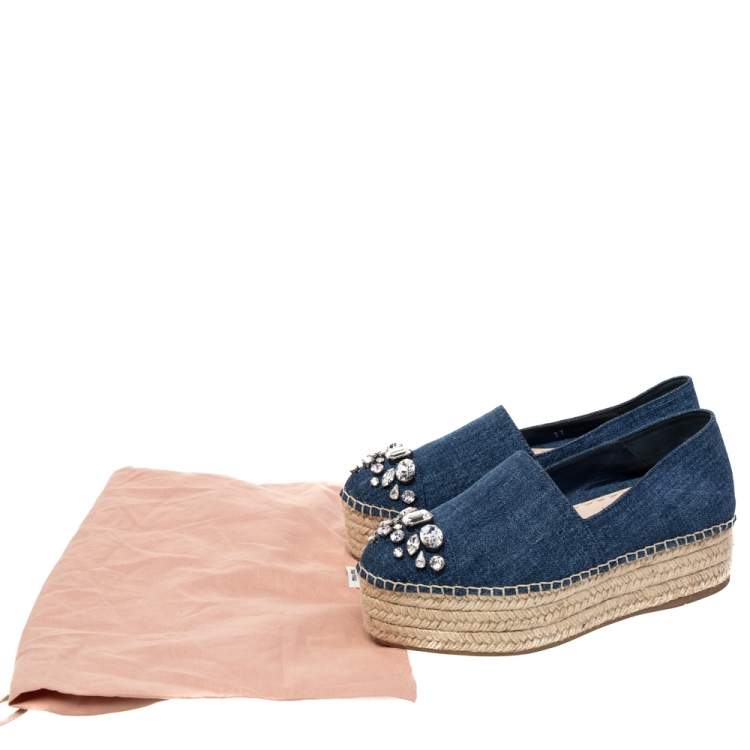 Pre Owned Miu Miu Blue Denim Crystal Embellished Platform Espadrilles Size 37