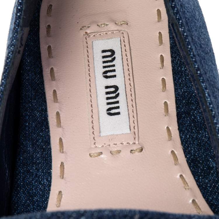 Pre Owned Miu Miu Blue Denim Crystal Embellished Platform Espadrilles Size 37