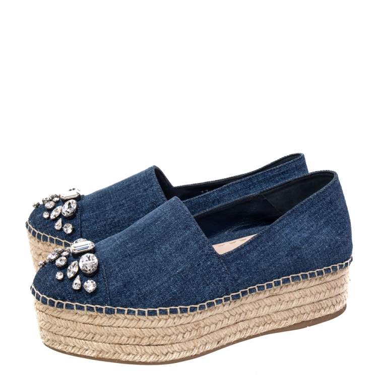 Pre Owned Miu Miu Blue Denim Crystal Embellished Platform Espadrilles Size 37