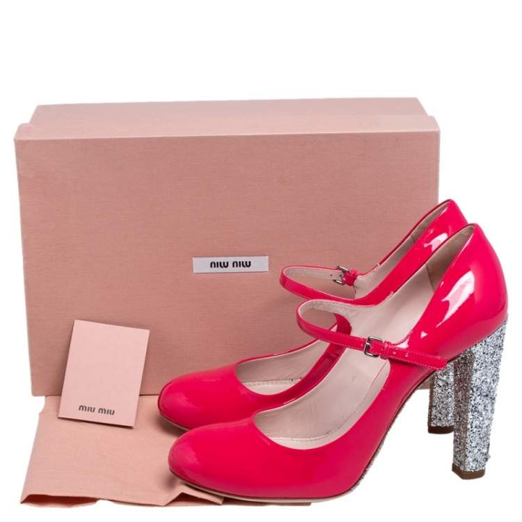 Pre Owned Miu Miu Pink/Silver Patent Leather and Glitter Heel Strap Pumps Size 41