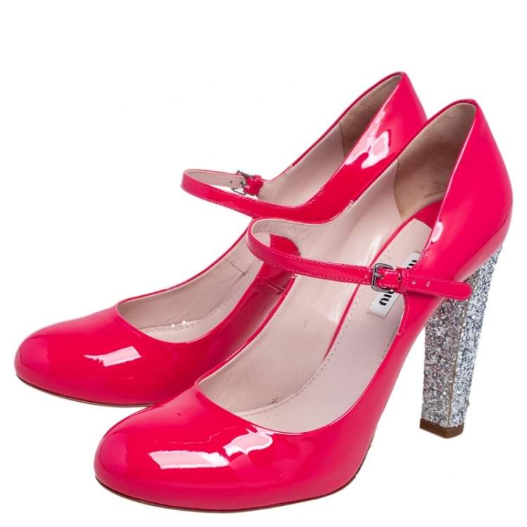Pre Owned Miu Miu Pink/Silver Patent Leather and Glitter Heel Strap Pumps Size 41