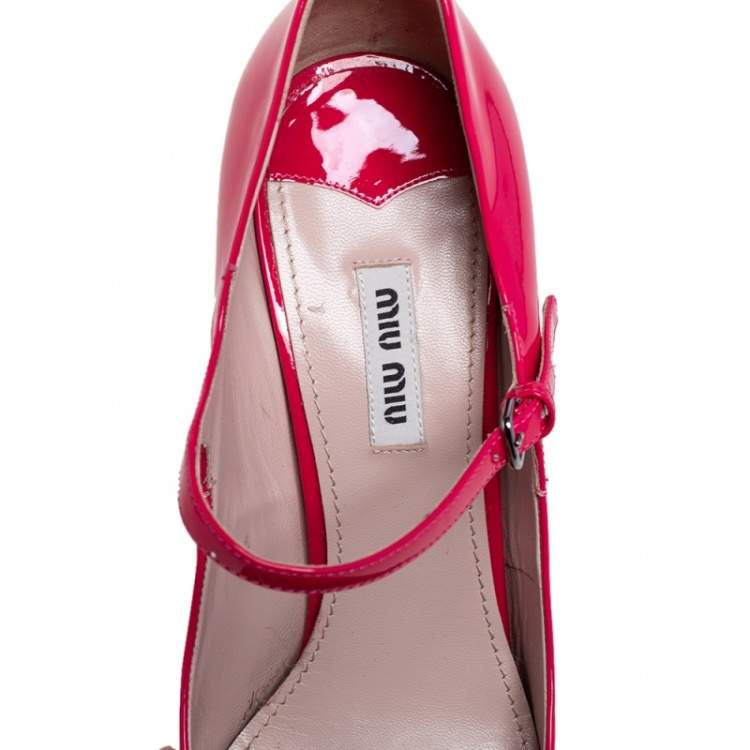 Pre Owned Miu Miu Pink/Silver Patent Leather and Glitter Heel Strap Pumps Size 41