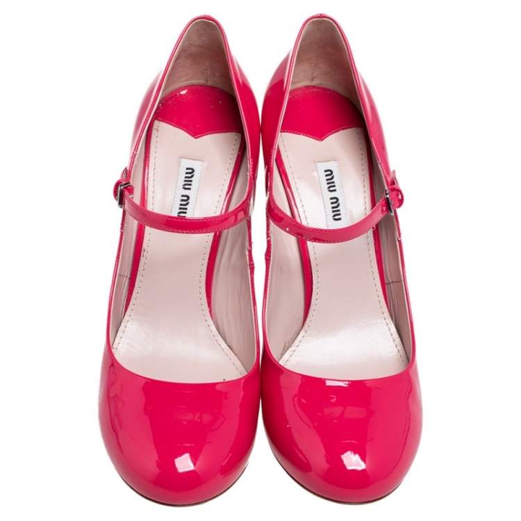 Pre Owned Miu Miu Pink/Silver Patent Leather and Glitter Heel Strap Pumps Size 41