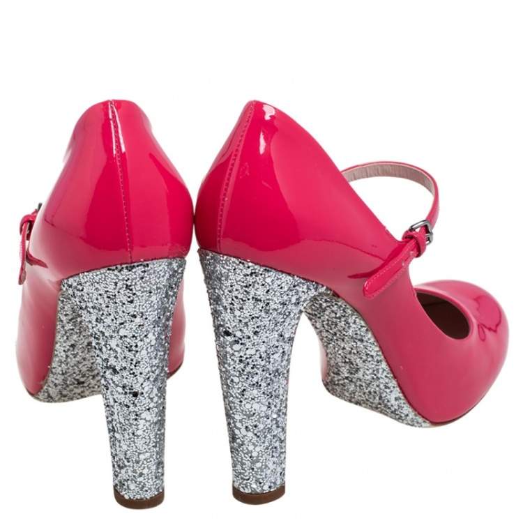 Pre Owned Miu Miu Pink/Silver Patent Leather and Glitter Heel Strap Pumps Size 41