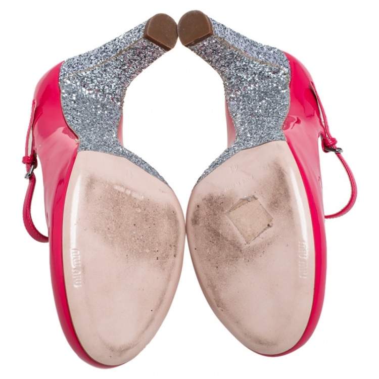 Pre Owned Miu Miu Pink/Silver Patent Leather and Glitter Heel Strap Pumps Size 41