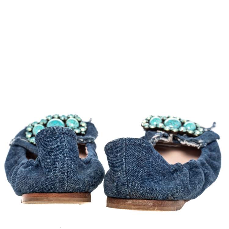 Pre Owned Miu Miu Blue Denim Crystal Embellished Ballet Flats Size 37