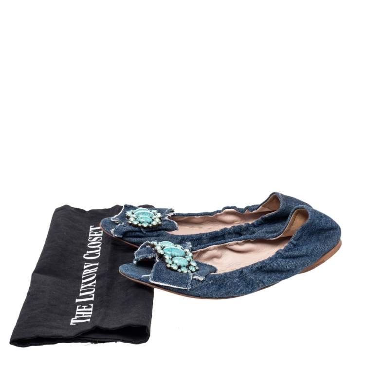Pre Owned Miu Miu Blue Denim Crystal Embellished Ballet Flats Size 37