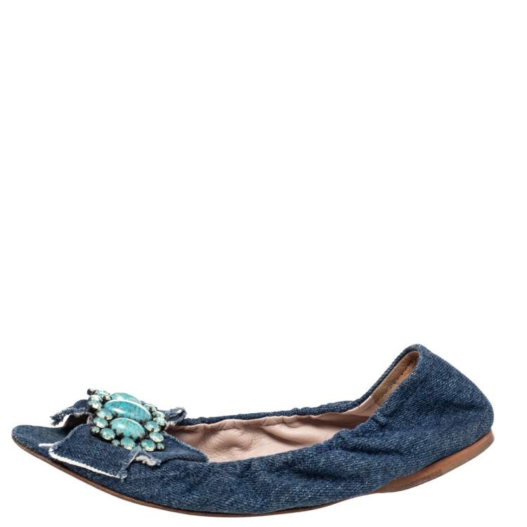 Pre Owned Miu Miu Blue Denim Crystal Embellished Ballet Flats Size 37