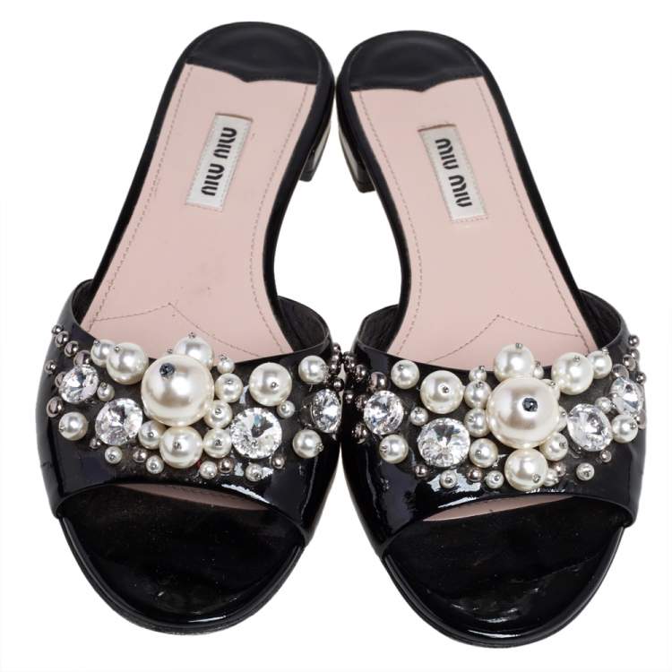 Pre Owned Miu Miu Black Patent Leather Pearl Embellished Flats Size 37.5