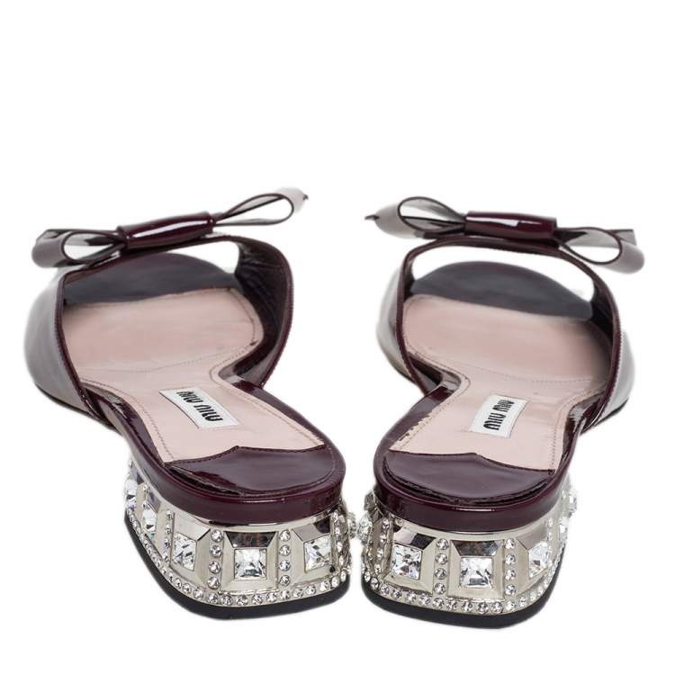 Pre Owned Miu Miu Burgundy Patent Leather Bow Slide Sandals Size 37.5