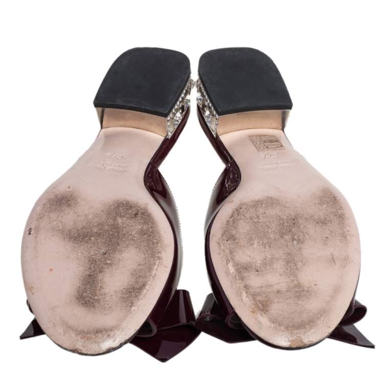 Pre Owned Miu Miu Burgundy Patent Leather Bow Slide Sandals Size 37.5