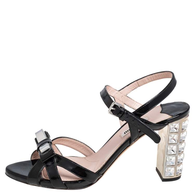 Pre Owned Miu Miu Black Patent Leather Crystal Embellished Block Heel Ankle Strap Sandals Size 38.5