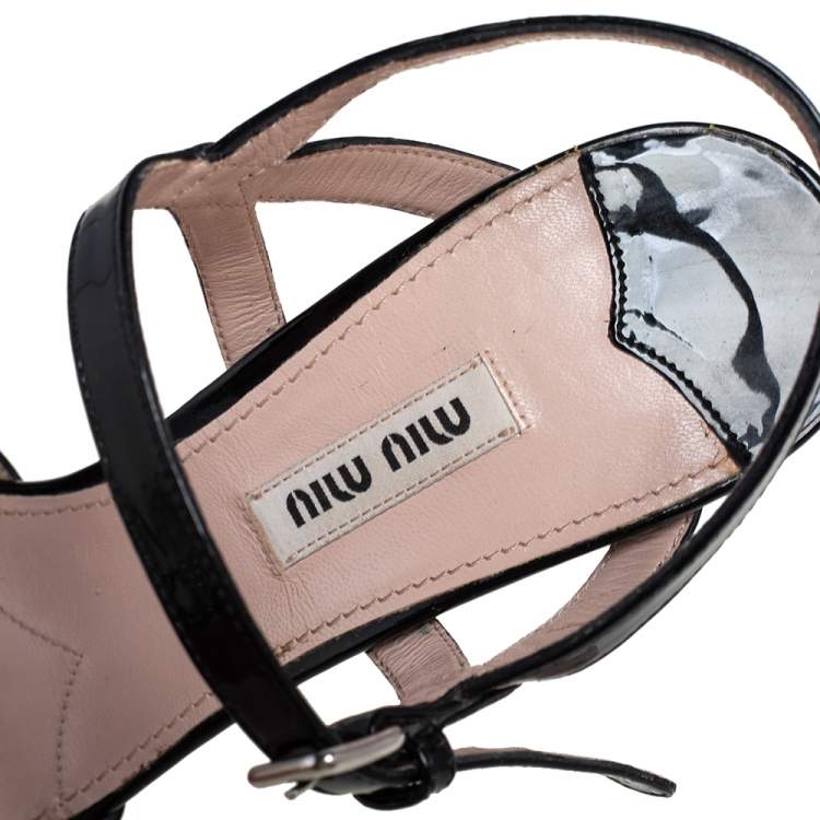 Pre Owned Miu Miu Black Patent Leather Crystal Embellished Block Heel Ankle Strap Sandals Size 38.5