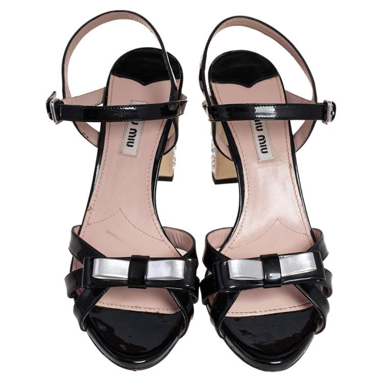 Pre Owned Miu Miu Black Patent Leather Crystal Embellished Block Heel Ankle Strap Sandals Size 38.5