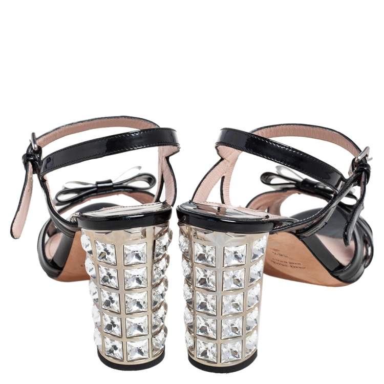 Pre Owned Miu Miu Black Patent Leather Crystal Embellished Block Heel Ankle Strap Sandals Size 38.5