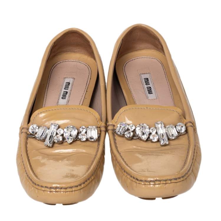 Pre Owned Miu Miu Beige Patent Leather Crystal Embellished Loafers Size 37