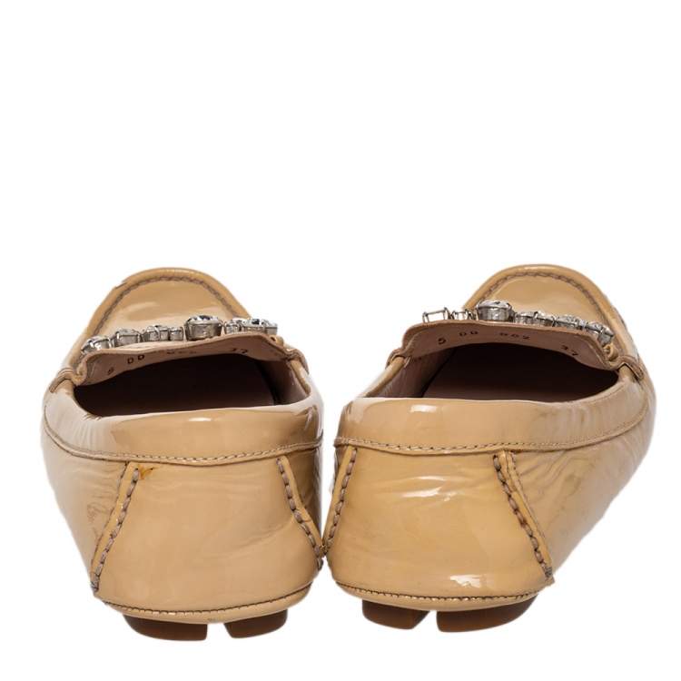 Pre Owned Miu Miu Beige Patent Leather Crystal Embellished Loafers Size 37