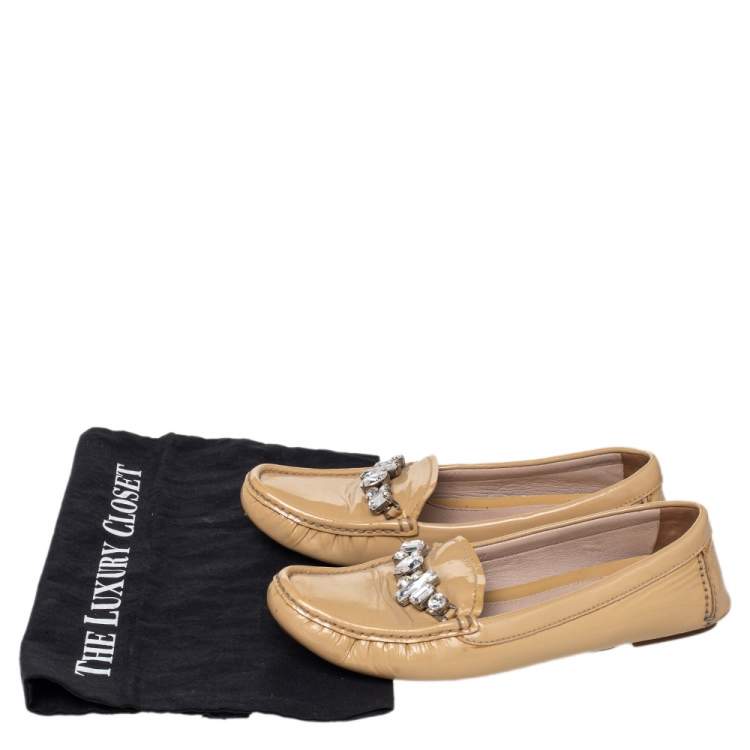 Pre Owned Miu Miu Beige Patent Leather Crystal Embellished Loafers Size 37
