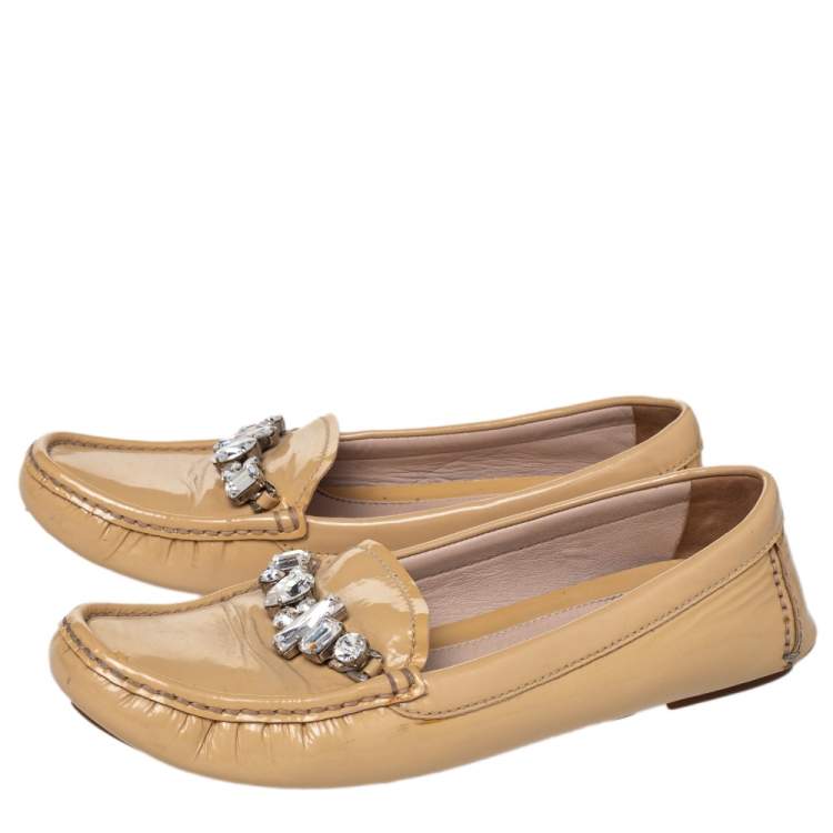 Pre Owned Miu Miu Beige Patent Leather Crystal Embellished Loafers Size 37
