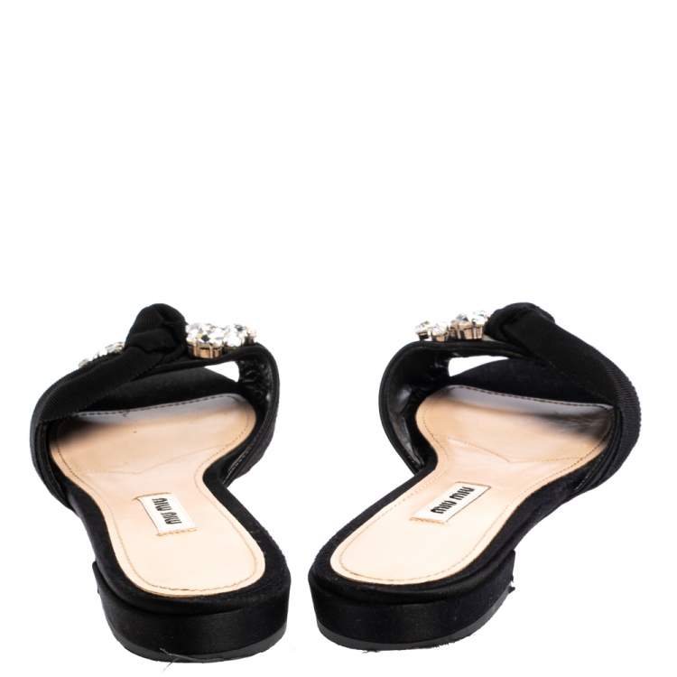 Pre Owned Miu Miu Black Satin And Canvas Knot Crystal Embellished Slide Sandals Size 38