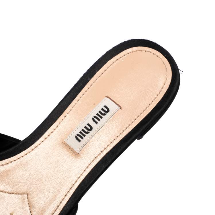 Pre Owned Miu Miu Black Satin And Canvas Knot Crystal Embellished Slide Sandals Size 38