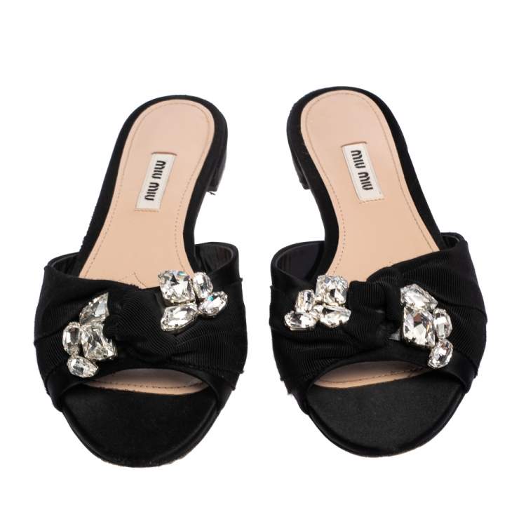 Pre Owned Miu Miu Black Satin And Canvas Knot Crystal Embellished Slide Sandals Size 38