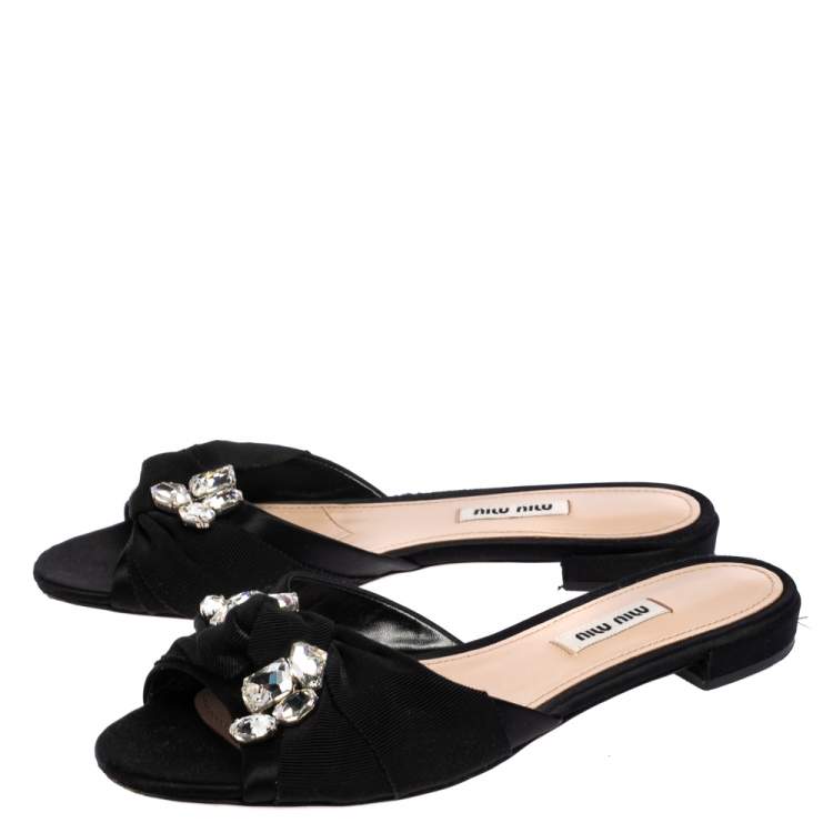 Pre Owned Miu Miu Black Satin And Canvas Knot Crystal Embellished Slide Sandals Size 38