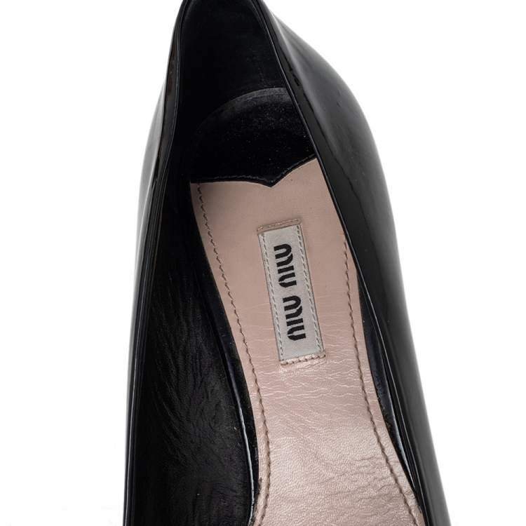 Pre Owned Miu Miu Black Patent Leather Crystal Embellished Block Heel Pumps Size 39.5