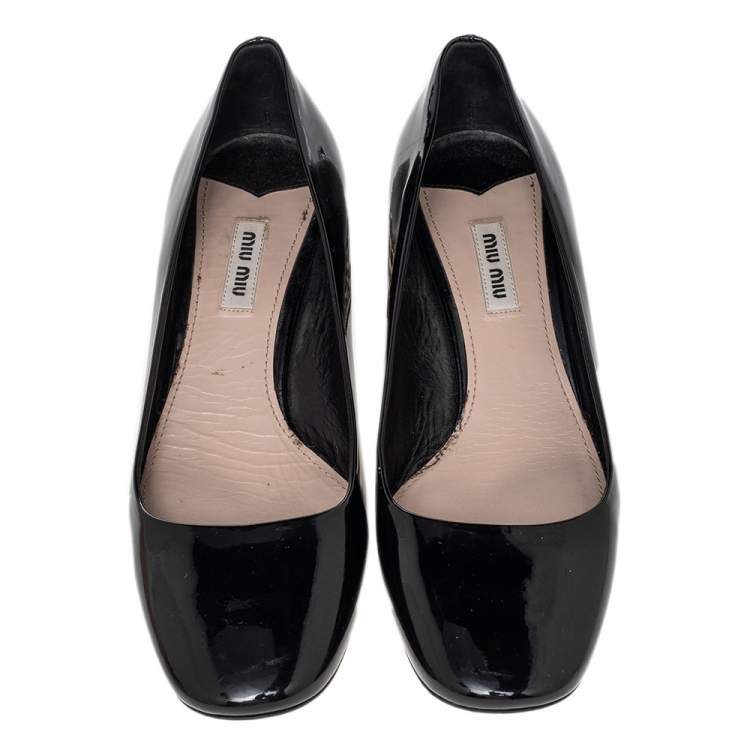 Pre Owned Miu Miu Black Patent Leather Crystal Embellished Block Heel Pumps Size 39.5