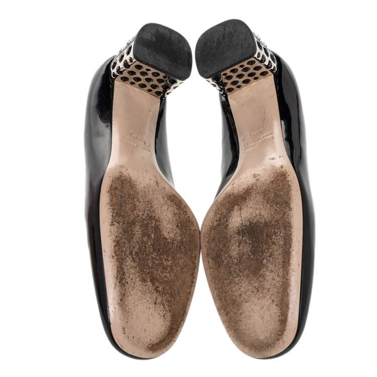 Pre Owned Miu Miu Black Patent Leather Crystal Embellished Block Heel Pumps Size 39.5