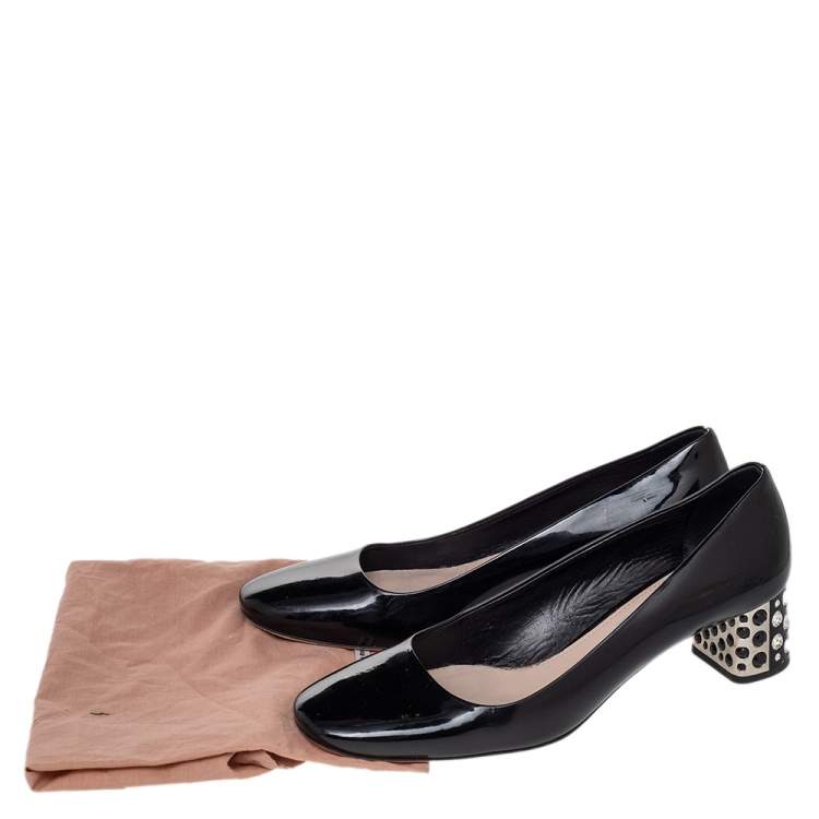 Pre Owned Miu Miu Black Patent Leather Crystal Embellished Block Heel Pumps Size 39.5