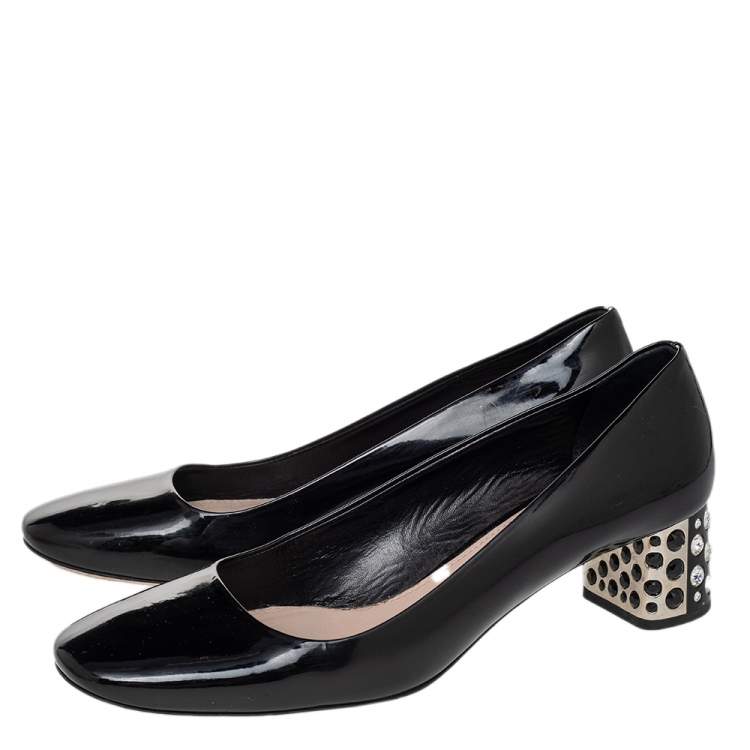 Pre Owned Miu Miu Black Patent Leather Crystal Embellished Block Heel Pumps Size 39.5