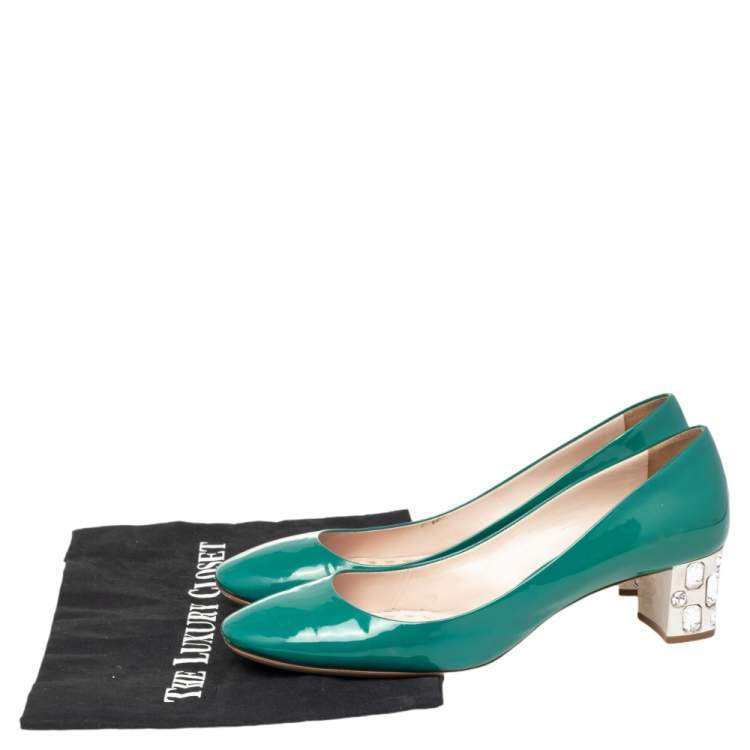 Pre Owned Miu Miu Green Patent Leather Crystal Embellished Block Heel  Pumps Size 40.5
