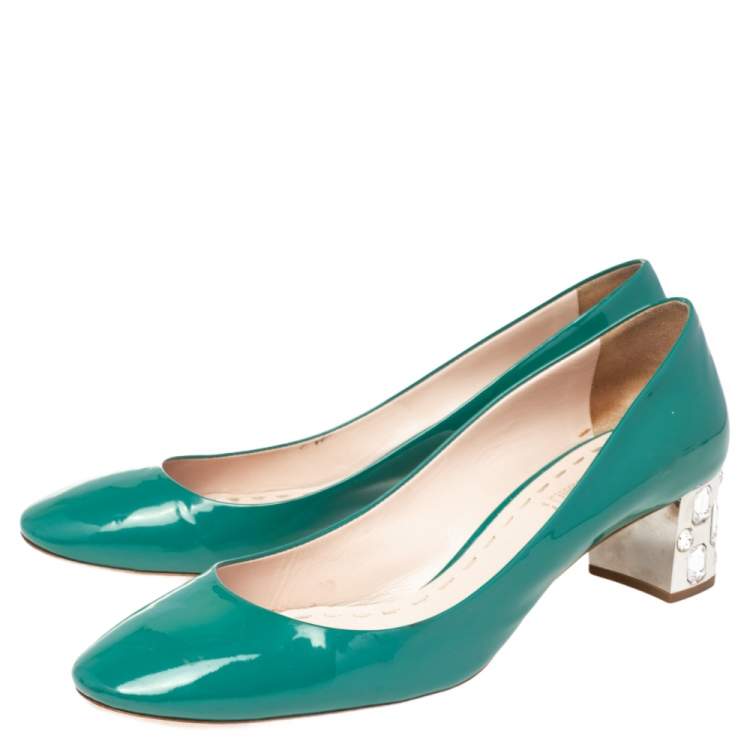 Pre Owned Miu Miu Green Patent Leather Crystal Embellished Block Heel  Pumps Size 40.5