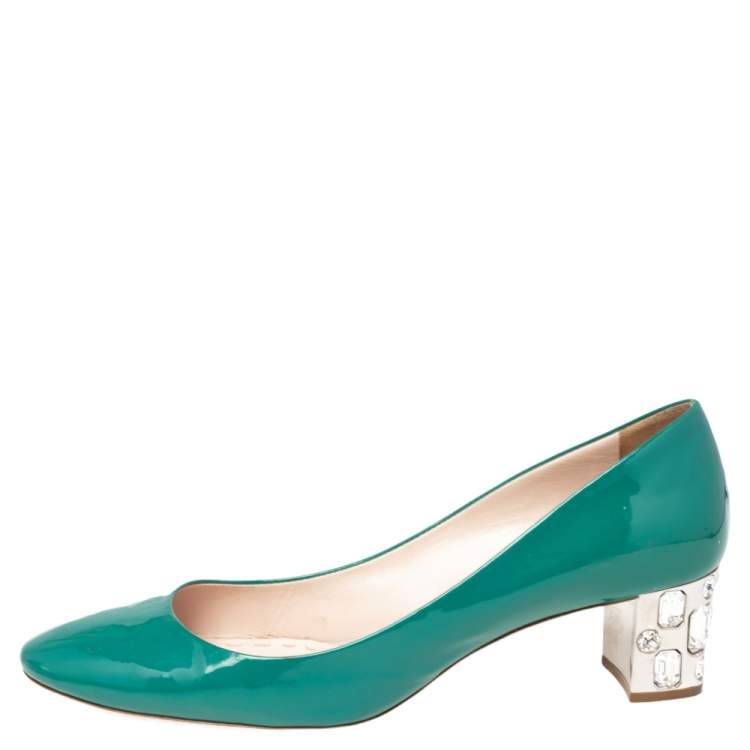 Pre Owned Miu Miu Green Patent Leather Crystal Embellished Block Heel  Pumps Size 40.5