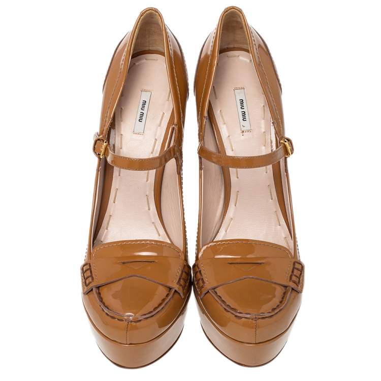 Pre Owned Miu Miu Brown Patent Leather Penny Platform Loafer Pumps Size 40