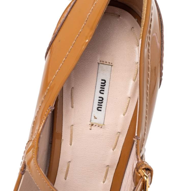 Pre Owned Miu Miu Brown Patent Leather Penny Platform Loafer Pumps Size 40