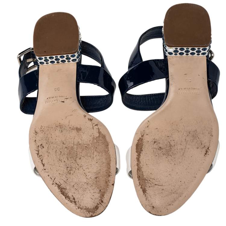 Pre Owned Miu Miu Blue/White Patent Leather Low Crystal Sandals Size 36