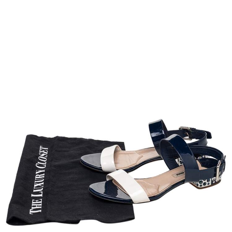 Pre Owned Miu Miu Blue/White Patent Leather Low Crystal Sandals Size 36