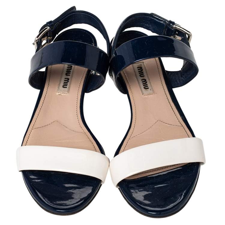Pre Owned Miu Miu Blue/White Patent Leather Low Crystal Sandals Size 36