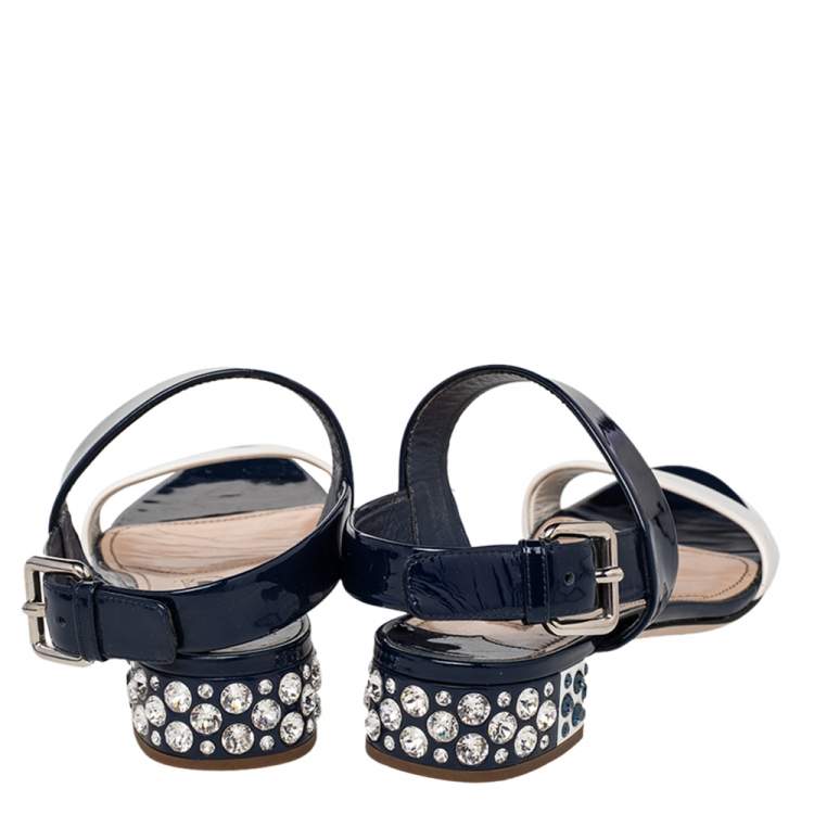 Pre Owned Miu Miu Blue/White Patent Leather Low Crystal Sandals Size 36