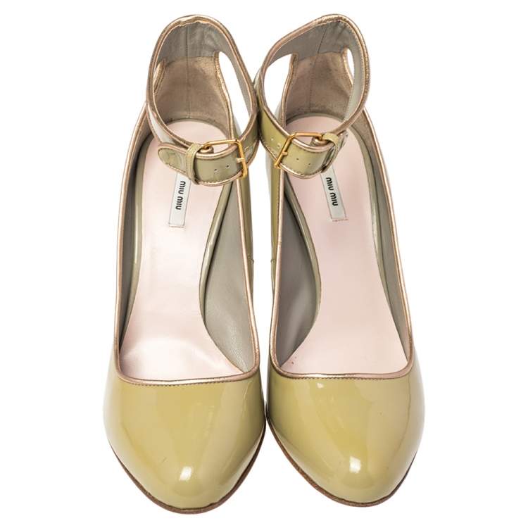 Pre Owned Miu Miu Geen Patent Leather Ankle Strap Round Toe Pumps Size 38.5