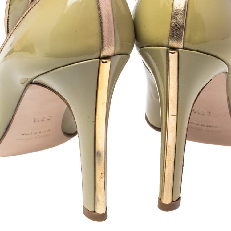 Pre Owned Miu Miu Geen Patent Leather Ankle Strap Round Toe Pumps Size 38.5