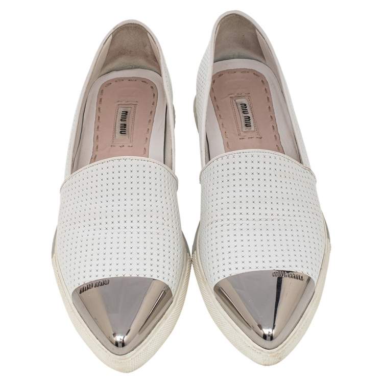 Pre Owned Miu Miu White Perforated Leather Metal Cap Toe Slip On Sneakers Size 39.5
