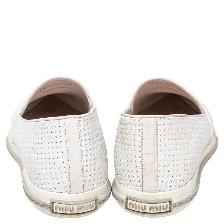 Pre Owned Miu Miu White Perforated Leather Metal Cap Toe Slip On Sneakers Size 39.5