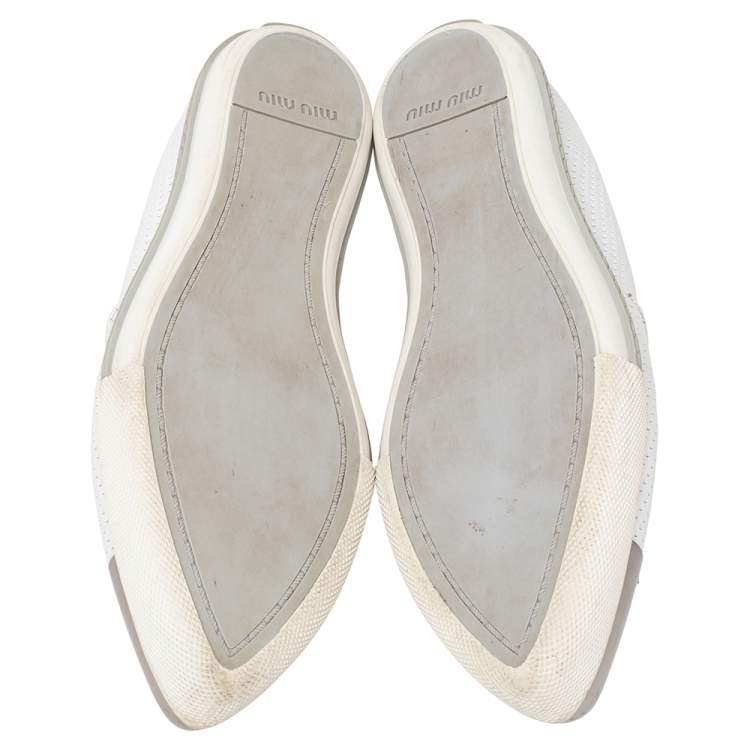 Pre Owned Miu Miu White Perforated Leather Metal Cap Toe Slip On Sneakers Size 39.5