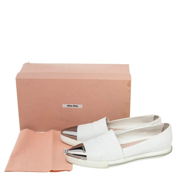 Pre Owned Miu Miu White Perforated Leather Metal Cap Toe Slip On Sneakers Size 39.5